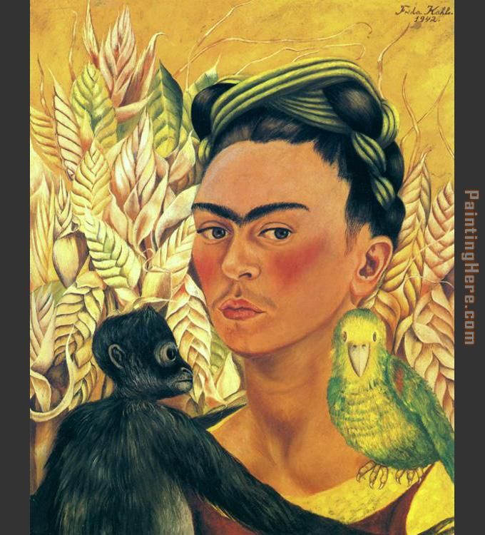 Self Portrait with Parrot painting - Frida Kahlo Self Portrait with Parrot art painting